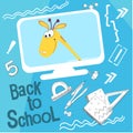 For the youngest children. Back to school vector illustration. Style comics cartoon about school. Giraffe on the screen, says he